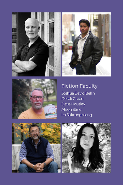 Headshots of Chatham fiction faculty: Joshua David Bellin, Derek Green, Dave Housley, Alison Stine, and Ira Sukrungruang